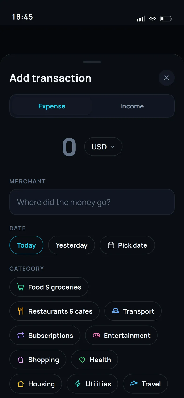 Numari Fast entry screen — Log an expense in seconds