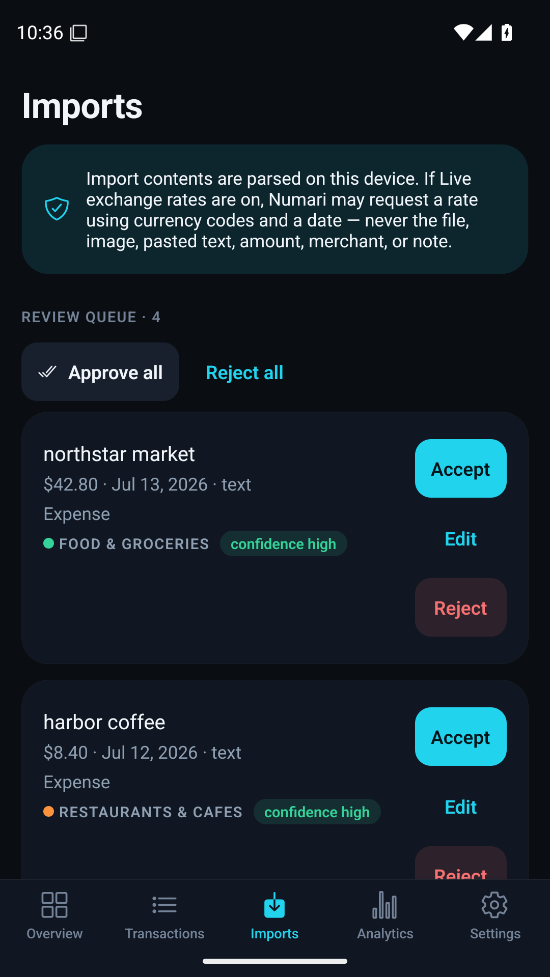 Numari import queue with example transactions, suggested categories and separate Accept, Edit and Reject actions.