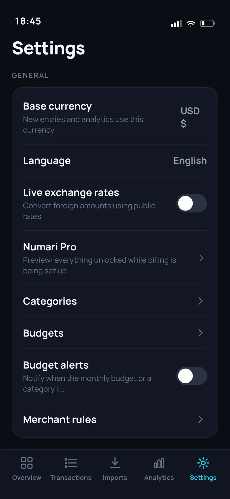 Numari Settings screen — Face ID lock · live rates off by default