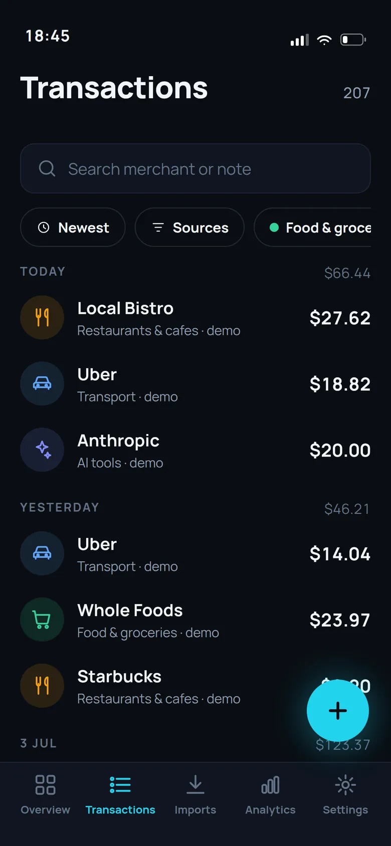 Numari Transactions screen — Search, filter, categorise